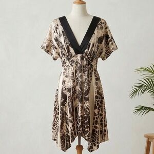 Floral Animal Print Asymmetric V-Neck Dress